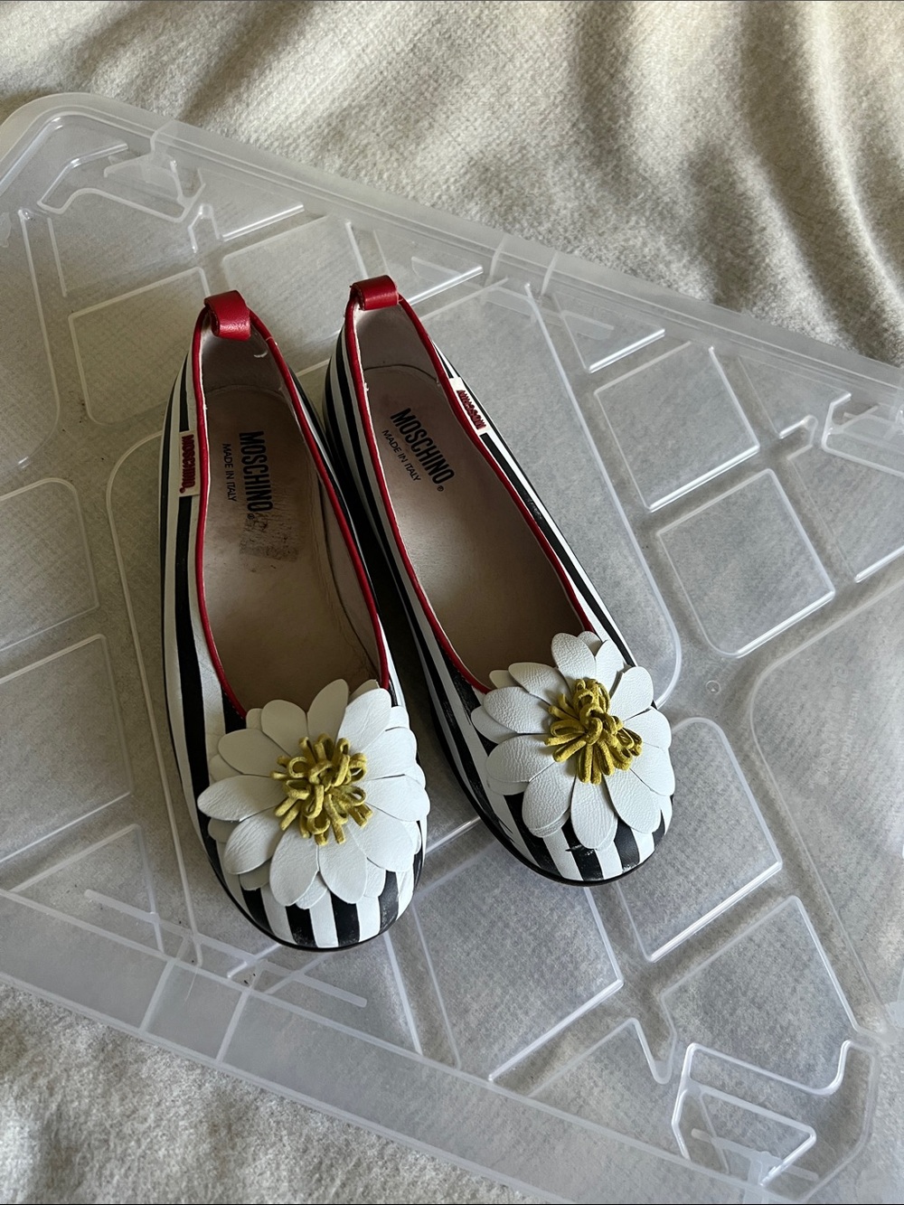 Moschino Black White Striped Ballet Flats with Red Trim and Yellow Flower